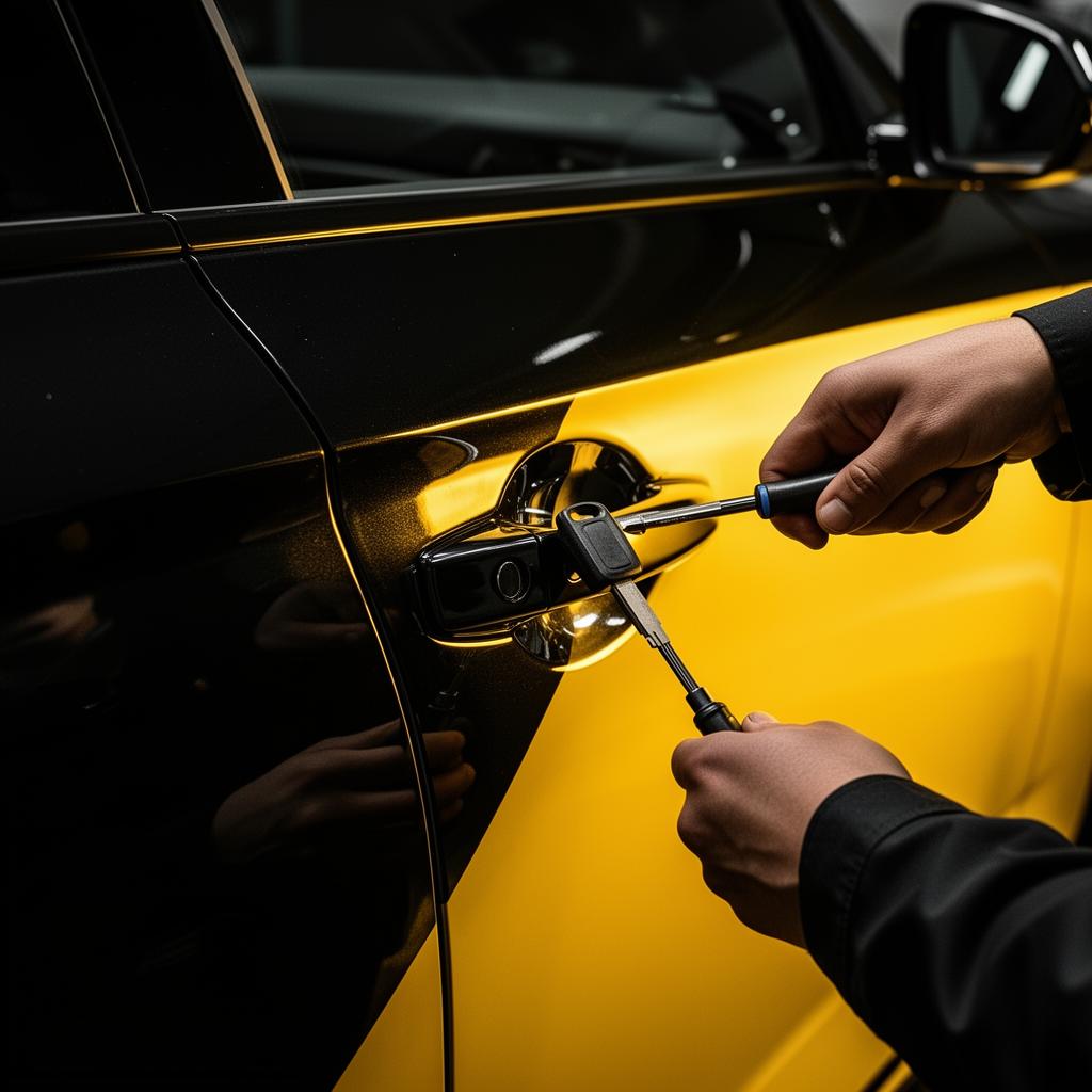 Locksmith working on a car door lock