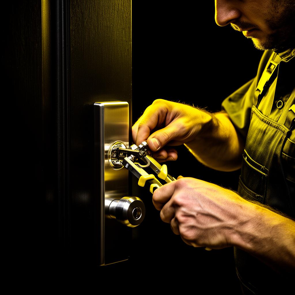 Locksmith technician installing a modern deadbolt lock