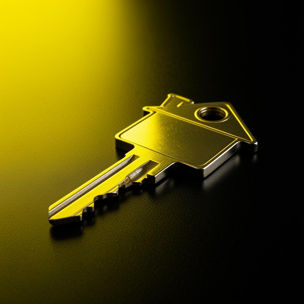 Brass house key on black surface with yellow lighting